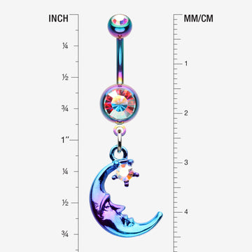 Detail View 1 of Colorline Blurple Sleeping Crescent Moon Star Sparkle Belly Button Ring-Rainbow/Aurora Borealis